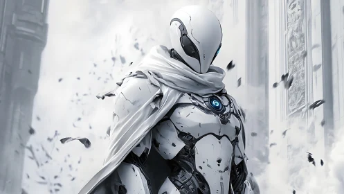 Gentle white android guardian wrapped in flowing scarf.