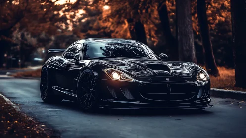 Low-angle view of black supercar on autumn forest road at dusk
