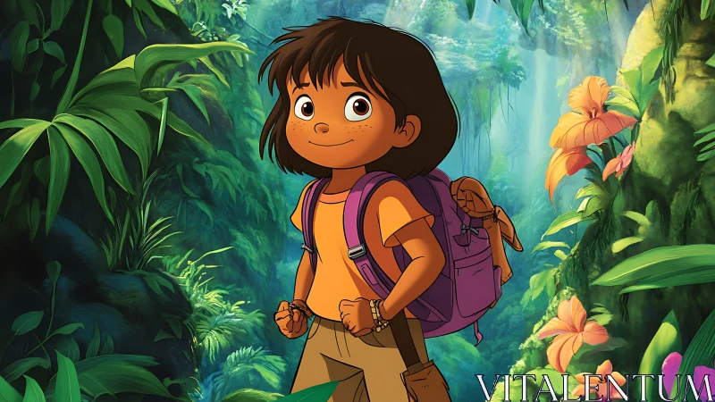 Young animated explorer in lush tropical rainforest scene