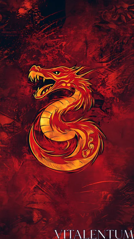 Coiled red dragon emblem rendered on textured red field