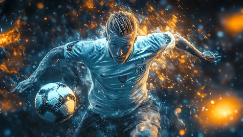 Kinetic digital footballer amid bifurcated plasma lightfield.