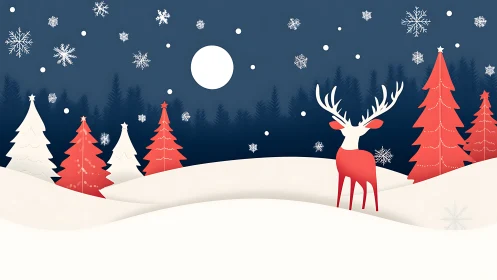 Minimal winter landscape with stylized deer and fir trees.