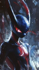 Sleek alien humanoid with glossy carapace and intense red eyes