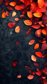 Scarlet autumn leaves scatter across a dark stone ground