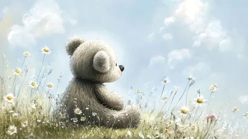 Digital painting of teddy bear in sunlit wildflower meadow.