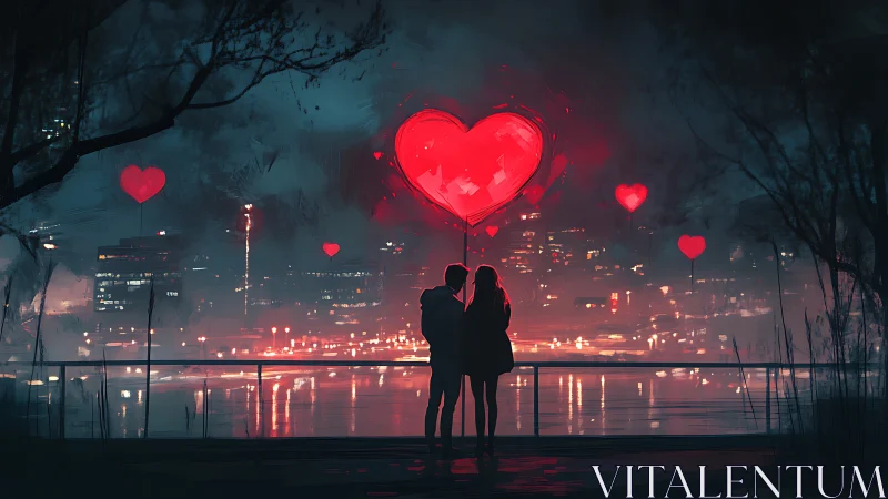 Silhouetted couple embracing under glowing red heart balloons at night cityscape