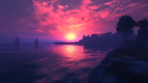 Coastal inlet with silhouetted trees under magenta sunset.