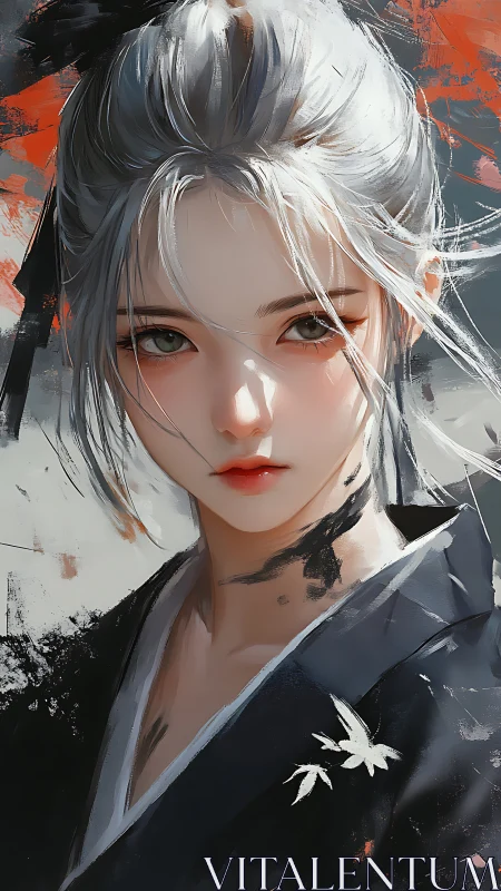 Silver-haired young woman in kimono looks directly forward