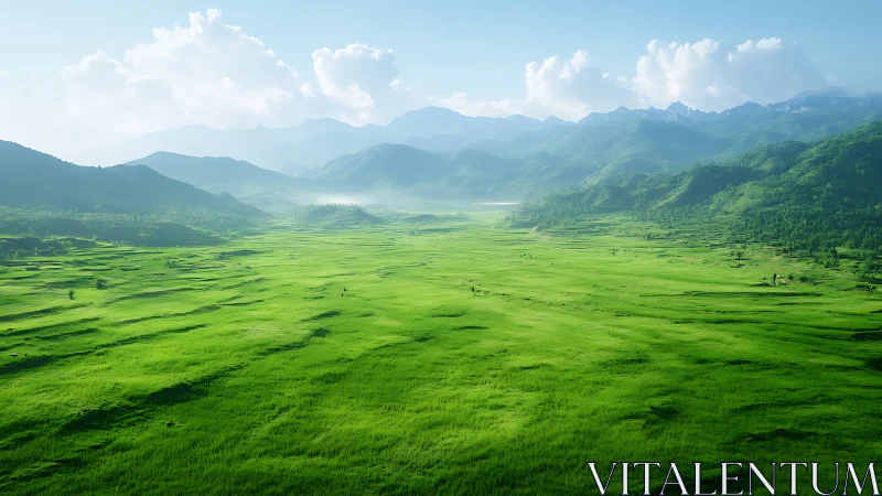 Endless emerald valley drifting toward misty blue peaks.
