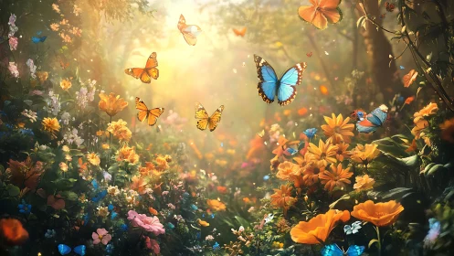 Sunlit butterfly waltz over a wildly blooming dream garden.