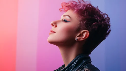 Soft neon glow around serene profile in pastel light.