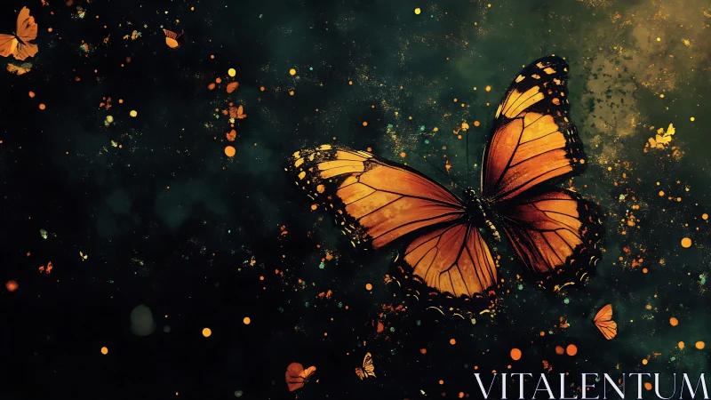 Monarch butterfly rendered with high-contrast bokeh and particle dispersion