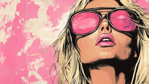 Stylized close-up of woman in pink reflective sunglasses.