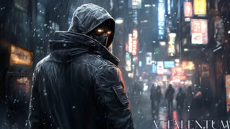 Cybernetic vigilante stalks neon city streets in heavy rain.