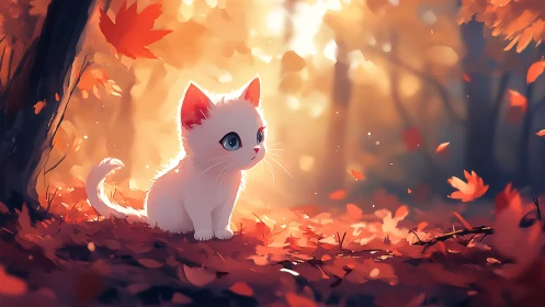 White Kitten in Autumn's Golden Glow.