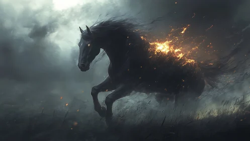 Fire-maned black horse charges through stormy night field