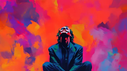 Laughing figure in a storm of electric sunset colors.