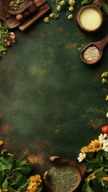 Rustic herbal culinary flat lay frames textured green board