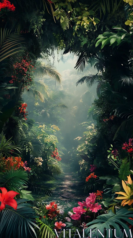 Dense tropical jungle path with volumetric mist and saturated flora