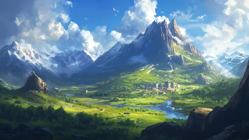 Emerald valley kingdom beneath soaring crystal peaks.