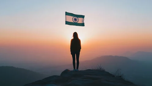 Silhouetted woman honors Indian flag at glowing mountain sunrise