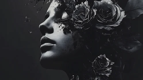 Monochrome female profile merged with dark blooming roses.