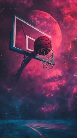 Cosmic basketball hoop hangs before glowing pink planet.