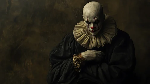 Low key portrait of sinister harlequin clown in ruffled collar