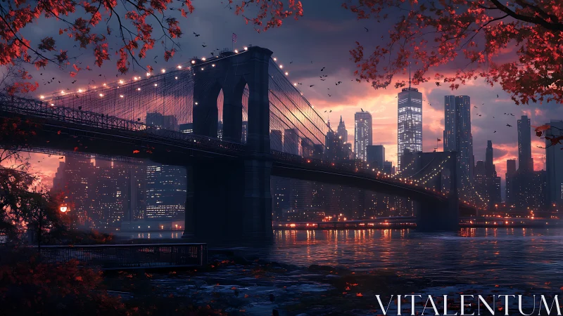 Autumn-lit suspension bridge overlooks glowing city skyline.