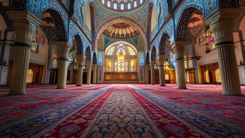 Symmetrical mosque interior with stained glass illumination and ornate vaults.