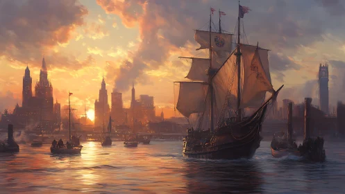 Tall ship at sunset approaching glowing industrial skyline.