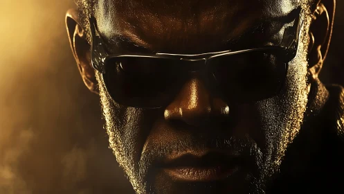 Close-up male face in dark sunglasses under dramatic light