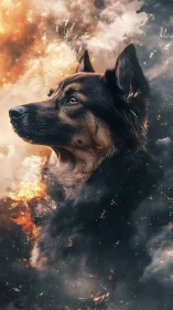 Majestic shepherd profile emerging through fiery smoke clouds.