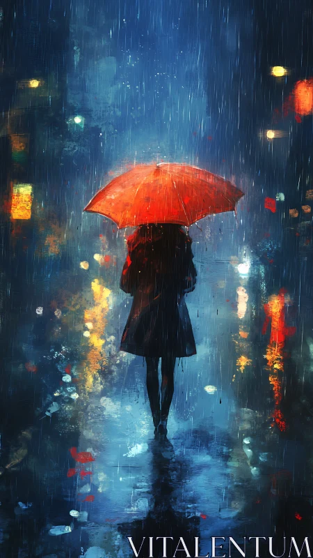 Solitary figure walks under a red umbrella in neon rain