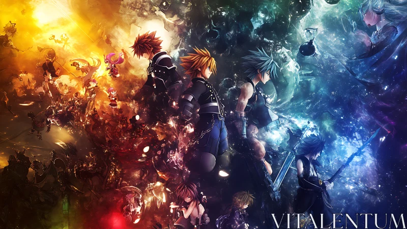 Epic anime warriors divide radiant light and cosmic night.