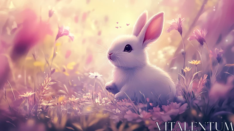 White rabbit in soft-focus meadow with diffuse pastel light.