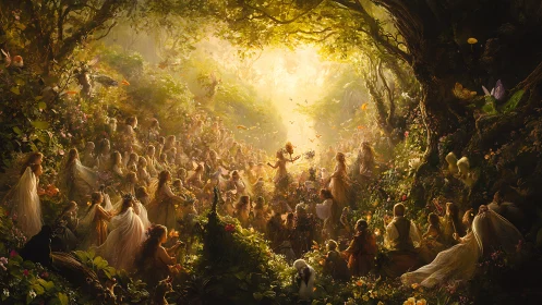 Forest fae gathering around radiant central light source.
