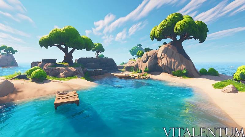 Stylized tropical island cove with massive trees and moored boat