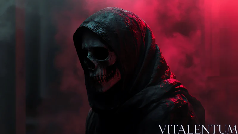 Hooded skeletal figure stands in red fog with side lighting