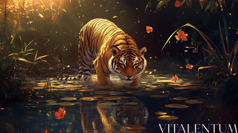 Moonlit tiger stalks through a flower-lit jungle pond
