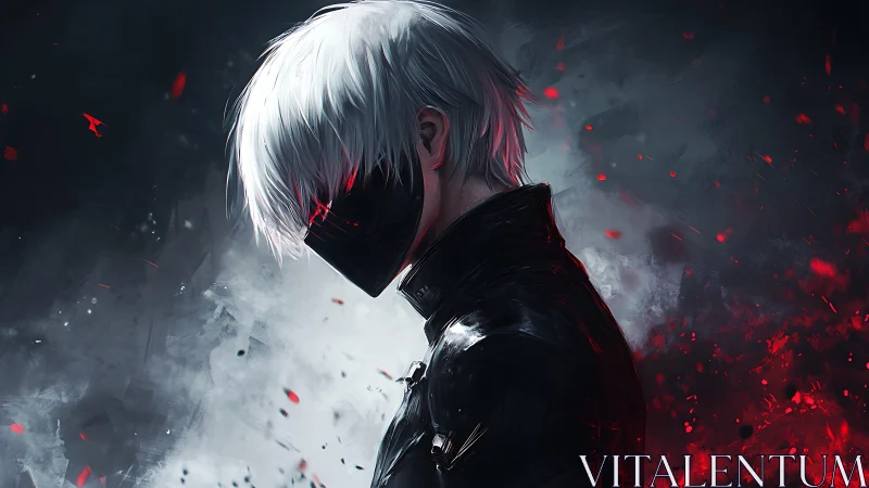 Masked white-haired antihero in red and black stormscape.