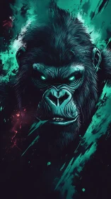 Neon-lit gorilla portrait with teal splatter energy glow.