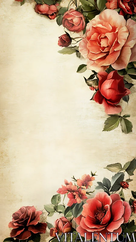 Vertical botanical frame with red roses on aged parchment background