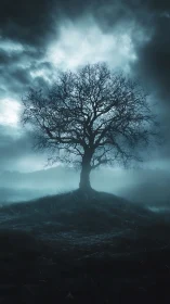 Solitary hilltop tree stands calm beneath stormy twilight sky