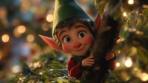 Playful Christmas elf peeks from a glowing festive tree