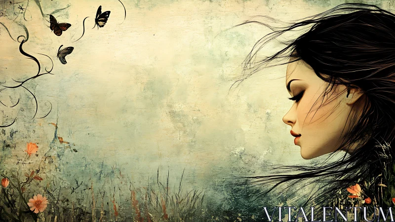 Side profile of digital woman facing butterflies and flowers