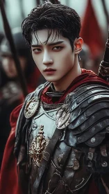 Young battlefield commander in ornate dark plate armor portrait