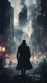 Solitary trench-coated figure crosses smoke-filled neon avenue