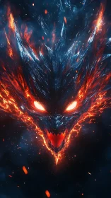 Infernal crystal demon face emerges in blazing molten fire.