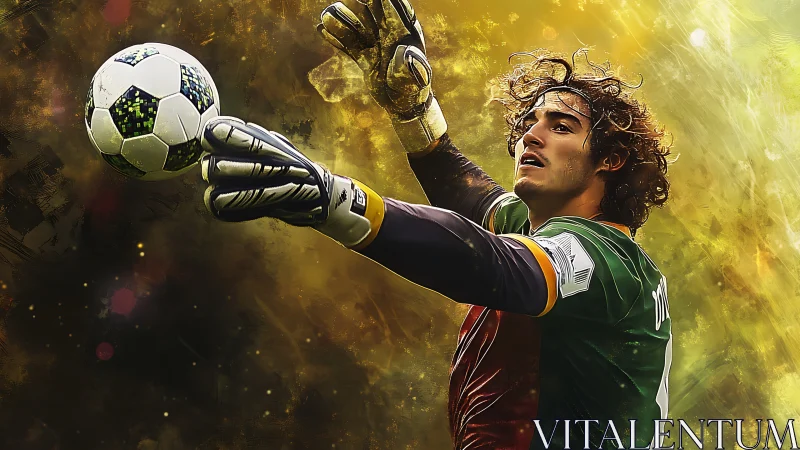 Goalkeeper reaching for soccer ball in dynamic play.